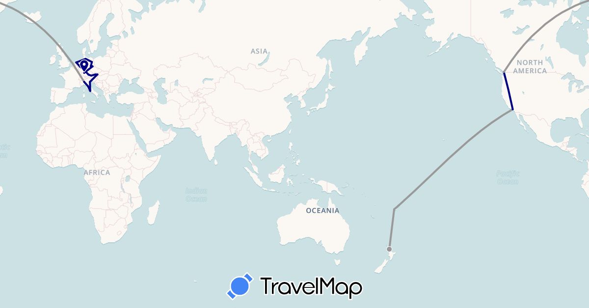 TravelMap itinerary: driving, plane in Austria, Canada, Germany, Fiji, Italy, Netherlands, New Zealand, United States (Europe, North America, Oceania)